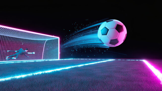 Soccer ball flying into a futuristic goal with neon lights and a digital net