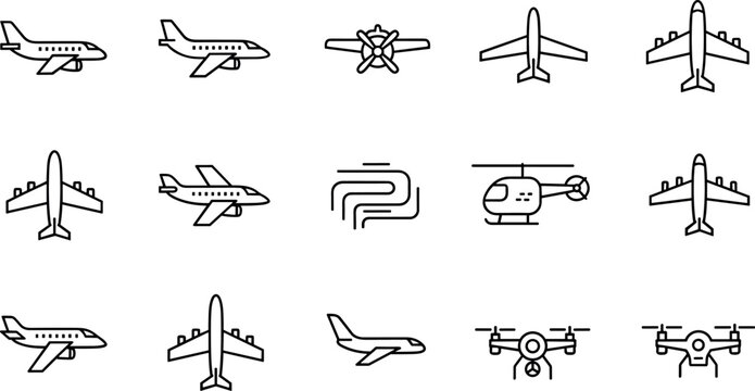 Aircraft aviation outline vector collection with airplanes helicopter drones and flight icons isolated on white background