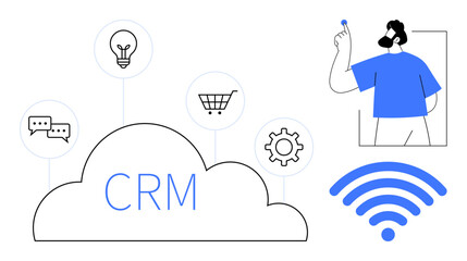 Obraz premium Business operations, customer engagement, technology solutions, e-commerce strategies, remote connectivity, innovation. CRM cloud with icons for communication, shopping cart, and wireless connection