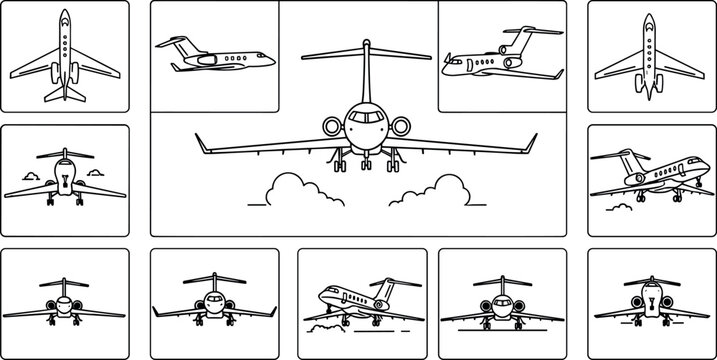 Airplane outline vector collection with jet aircraft front side and top views for aviation travel design