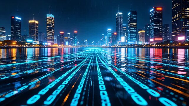 Futuristic city skyline at night with digital binary code data flowing over water