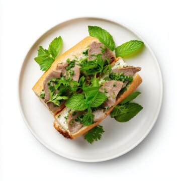 Bnh m with beef slices fresh herbs isolated on a white background