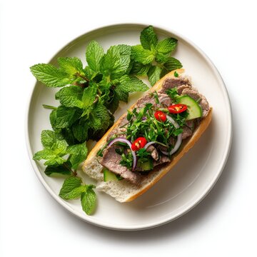 Fresh Bnh m with grilled beef pickled radish and carrots cilantro isolated on a white background