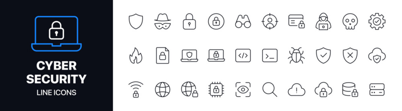 Cyber security line icons set featuring minimal vector symbols, modern outline style, and clean design. Perfect for apps, UI design, web security projects, tech interfaces, and digital branding.