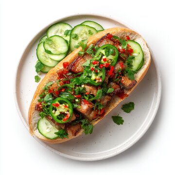 Bnh m with grilled beef pickled radish and carrots cilantro isolated on a white background