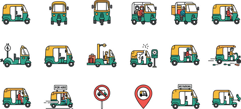 Auto rickshaw vector collection with tuk tuk taxi icons for urban transport and passenger service design