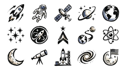 A collection of hand-drawn icons representing space exploration, celestial bodies, and astronomical concepts. © Renald