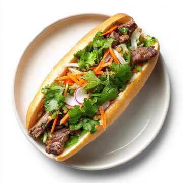 Bnh m with grilled beef pickled radish and carrots cilantro isolated on a white background