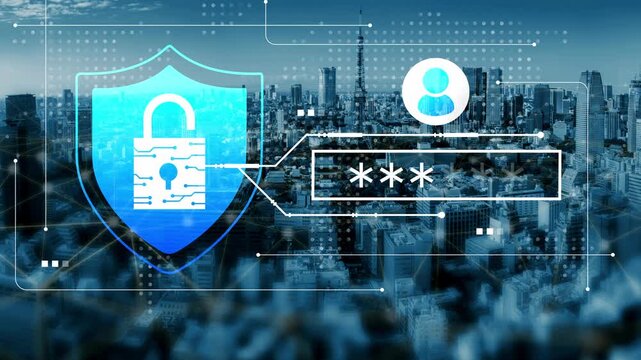 Digital security concept with abstract shield icon, user profile symbol, and city skyline background representing cybersecurity and data protection themes Gluon.