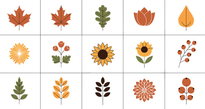 Autumn leaf icon set with fall foliage botanical elements sunflower floral shapes in warm flat style for web and app design