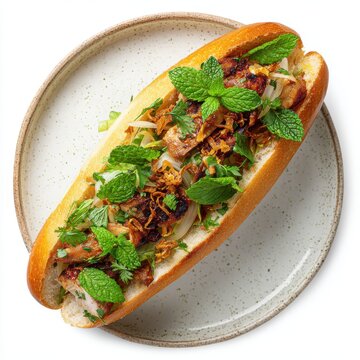 Bnh m with grilled fish fresh cilantro and pickled carrots isolated on a white background