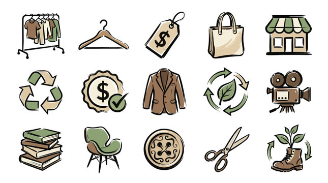 Collection of hand-drawn icons representing sustainable fashion and eco-friendly business practices.