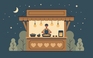 Obraz premium A vendor prepares food at a night market under starry sky