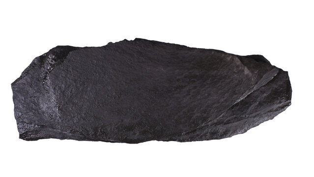 Large black rock sits on white background, showcasing its flat surface and rough edges, suitable for various uses and projects