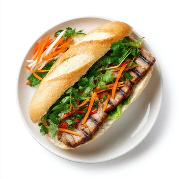 Bnh m with grilled pork pickled carrots and daikon isolated on a white background