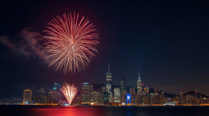 Naklejka premium Red fireworks burst above urban skyline at night creating vibrant festive glow