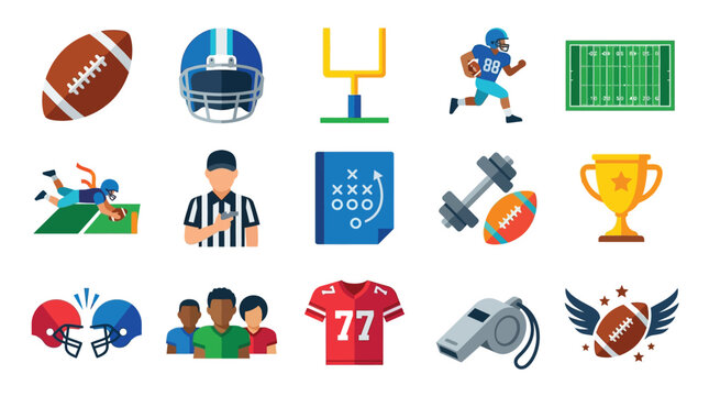 A collection of flat design icons representing various elements of American football, including players, equipment, and field.