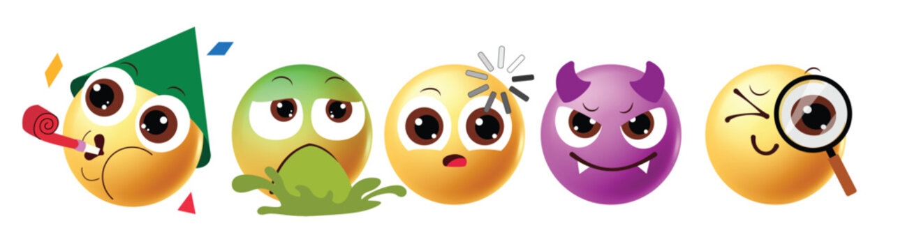 Set of 3D Emoji Characters Including Party Sick Loading Devil and Detective Icons Vector Illustration