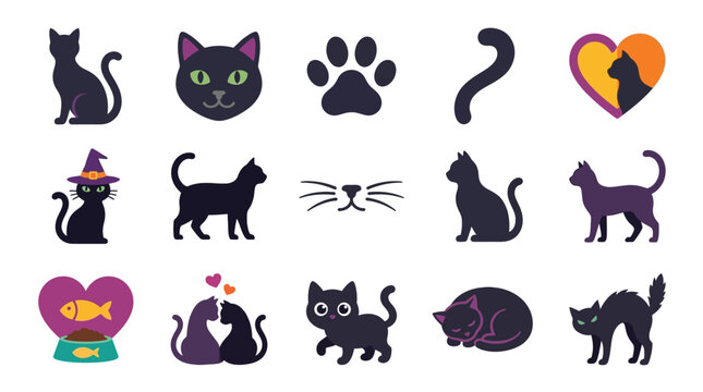 Collection of stylized black cat illustrations, including full body silhouettes, faces, paws, and playful poses, suitable for various design projects.