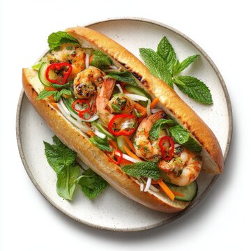 Bnh m with grilled shrimp pickled vegetables and fresh herbs isolated on a white background