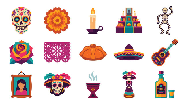 A vibrant collection of Day of the Dead icons, including sugar skulls, marigolds, candles, altars, and traditional Mexican elements.