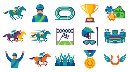 Naklejka premium Collection of horse racing icons including jockeys, horses, racetrack, trophy, betting, finish line, helmet, stadium, medal, and horseshoe.