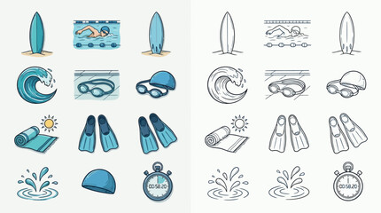 Collection of colorful and line-art icons representing swimming and beach activities, including surfboards, swimmers, waves, goggles, flippers, and a stopwatch. © renender