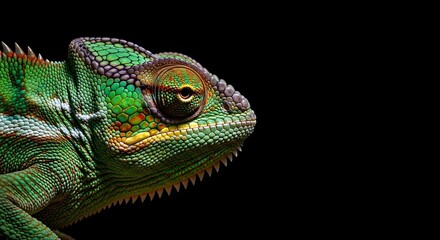 Obraz premium Close up of a vibrant green chameleon against a black background
