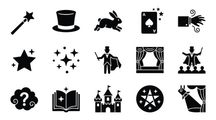 A collection of black and white icons representing various elements of magic and illusion, including a wand, top hat, rabbit, playing cards, and stage curtains. © GJ