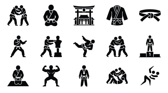 Collection of black and white icons representing various martial arts, combat sports, and related elements like uniforms and training equipment.