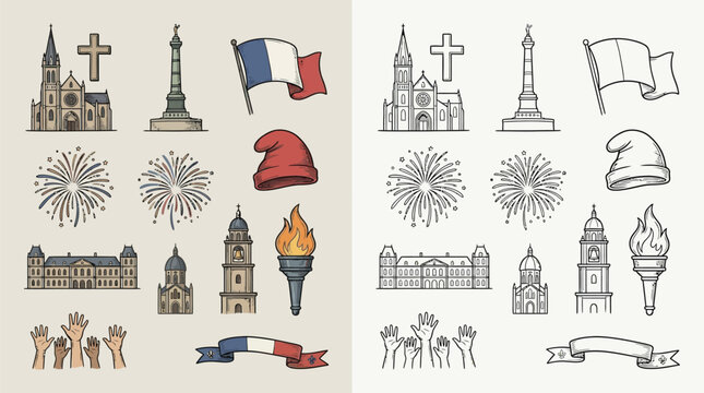 Collection of French cultural symbols and landmarks, including buildings, flags, fireworks, and celebratory elements.