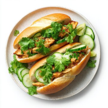 Bnh m with lemongrass chicken fresh cucumber and cilantro isolated on a white background