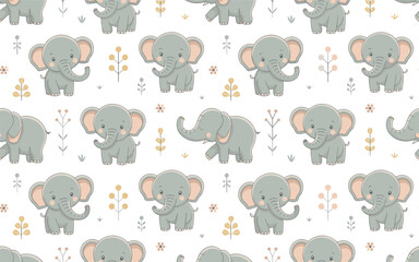 Fototapeta premium Cute cartoon elephants play with flowers and leaves on white background