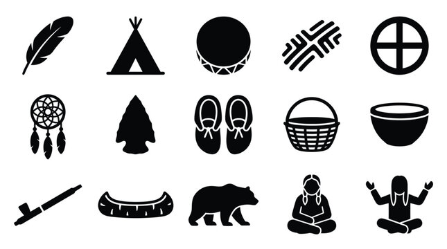 A collection of black and white icons representing various aspects of Native American culture, including spiritual symbols, tools, and animals.
