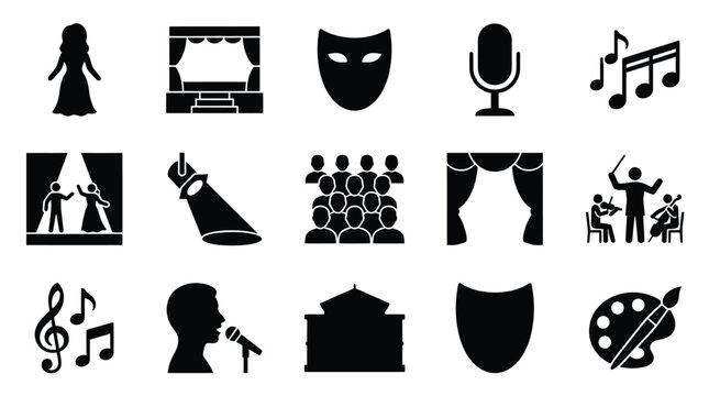 A collection of black and white icons representing various aspects of the performing arts, including actors, stages, masks, musical notes, and an audience.