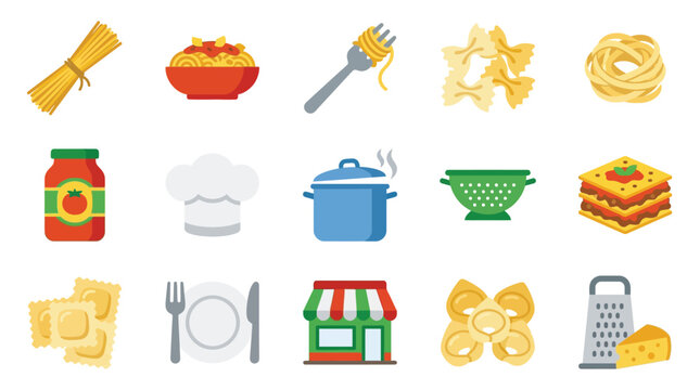 A vibrant collection of Italian food and cooking-related icons, including pasta, sauce, and kitchenware.