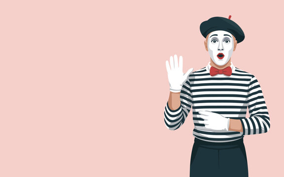 A mime performs on stage with surprised expression and gestures.