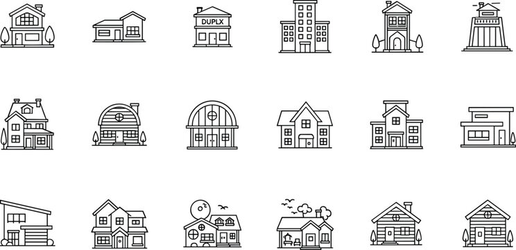 Building outline vector collection with houses duplex apartments barn and residential property architecture icons for real estate design