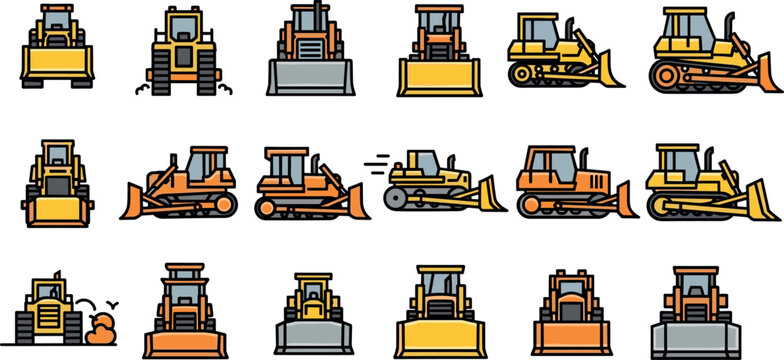 Bulldozer construction machinery icon set with heavy equipment loader excavator symbols in colorful flat outline style for design use