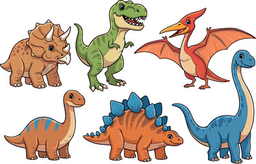 Vector Set of Cute Cartoon Dinosaurs, Including T-Rex, Pterodactyl, Stegosaurus, and Brachiosaurus © MDEsmayil
