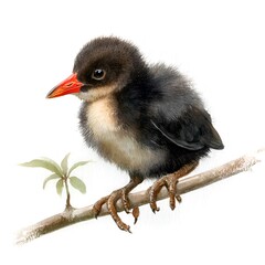 Fototapeta premium A delicate watercolor painting showcases a fledgling bird perched carefully on a slender branch against a stark white isolated background.