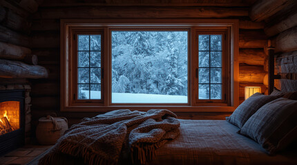 Naklejka premium Cozy winter cabin bedroom with snowy forest view and warm fireplace