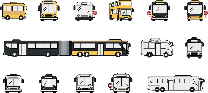 City bus transport icon set with public transit coach shuttle vehicle symbols in colorful flat outline style for web and app design