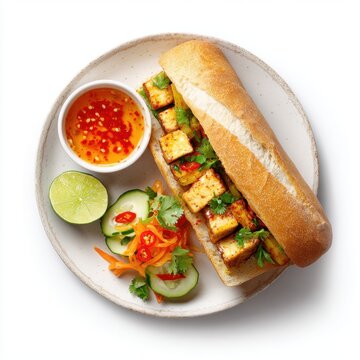 Bnh m with tofu pickled vegetables and spicy chili sauce isolated on a white background