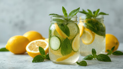 Fototapeta premium Refreshing lemon cucumber mint infused water in glass jar with fresh citrus and herbs