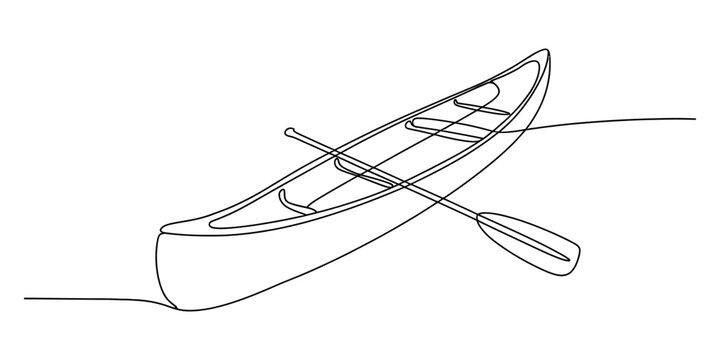 Continuous line drawing of a canoe with a paddle isolated on white background, Vector, illustration