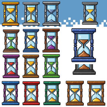 Collection of pixel art hourglasses in various colors and states, depicting time measurement.