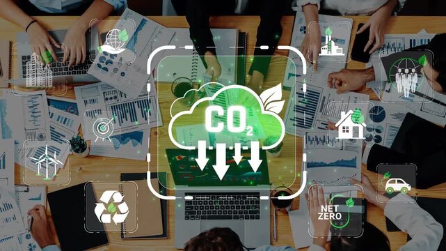 Business Team Collaborating on Climate Action Strategies While Analyzing Data for Achieving Net Zero Carbon Emissions and Sustainable Practices Sigmoid