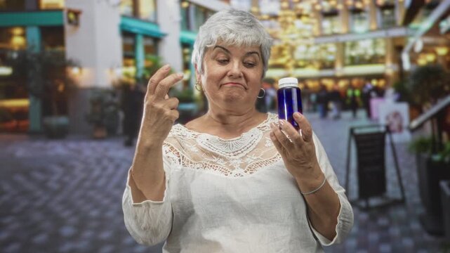 Woman holding blue pill bottle and showing two fingers victory sign on street; health advice playful.