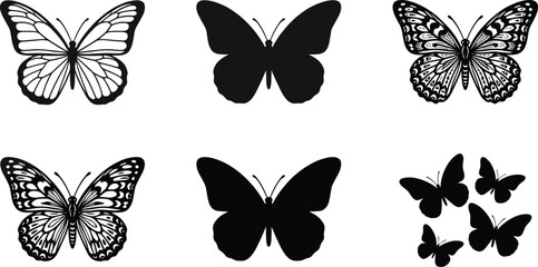 Butterfly silhouette and detailed wing vector set with flying insect designs for decorative nature graphics © MdSumon